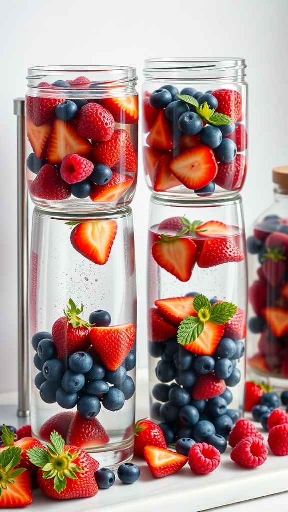 Jars filled with strawberries, blueberries, and raspberries in infused water