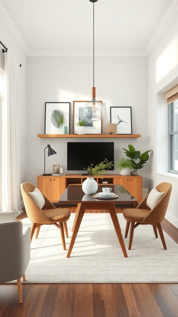 A modern small dining table setup with stylish chairs, a light fixture, and decorative elements.