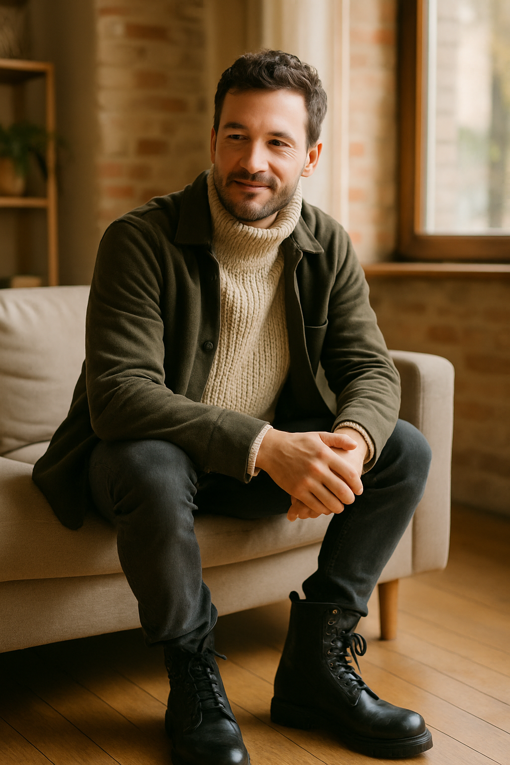 A man sitting on a couch wearing a chunky knit sweater and biker boots, looking relaxed.