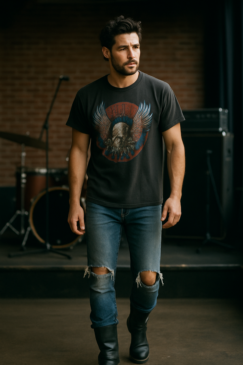 A man wearing a vintage band tee and biker boots, standing confidently.