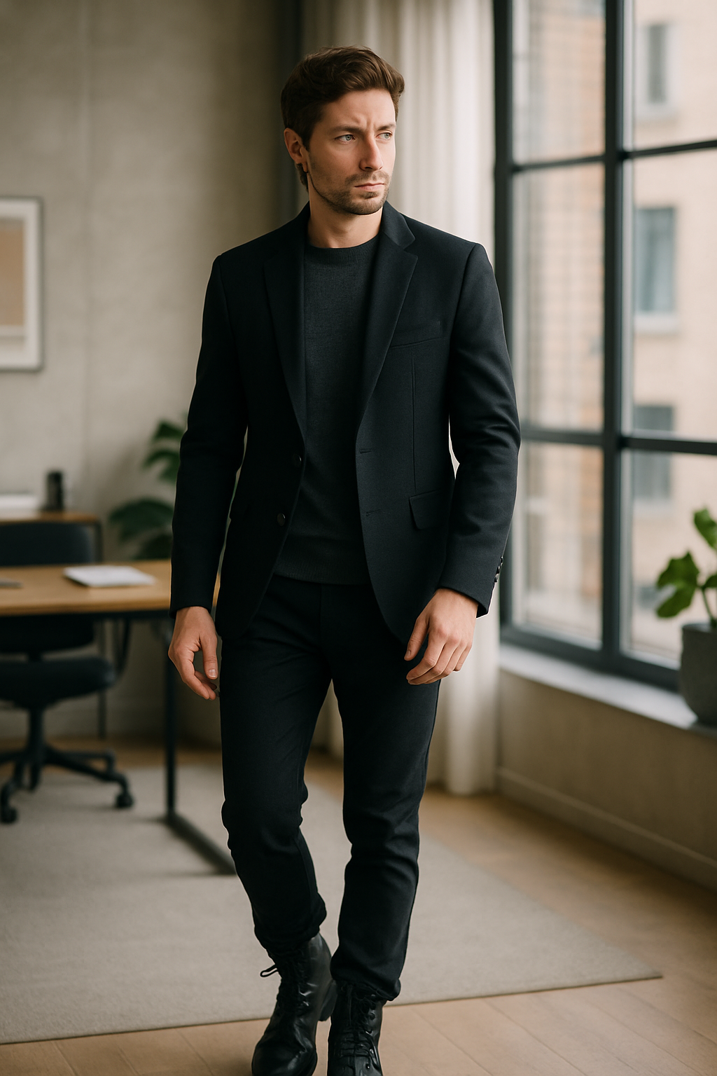 A man wearing a tailored black blazer, black sweater, and black biker boots, walking confidently in a modern office setting.