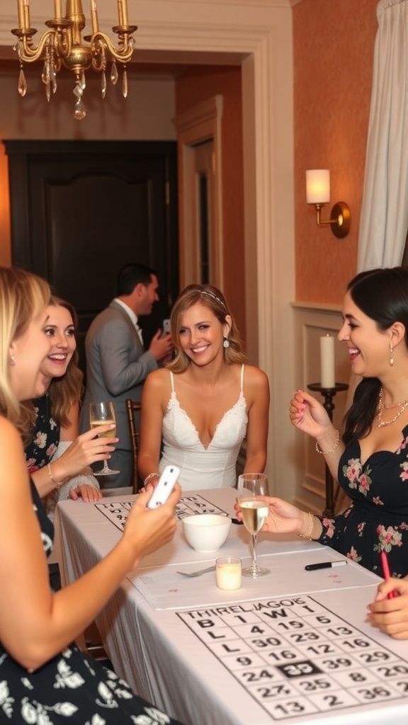 Group of friends playing bingo at a bridal shower, with bride in a white dress enjoying the moment