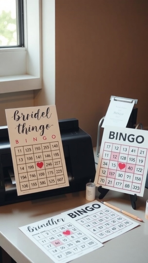 Bridal shower bingo cards on a printer with decorative designs
