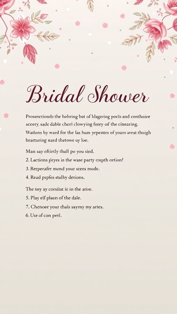 Bridal shower bingo instructions with floral background