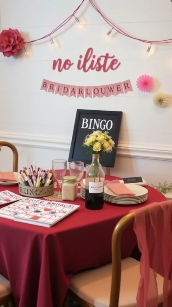 A bridal shower bingo setup with a red tablecloth, bingo board, and cheerful decorations.