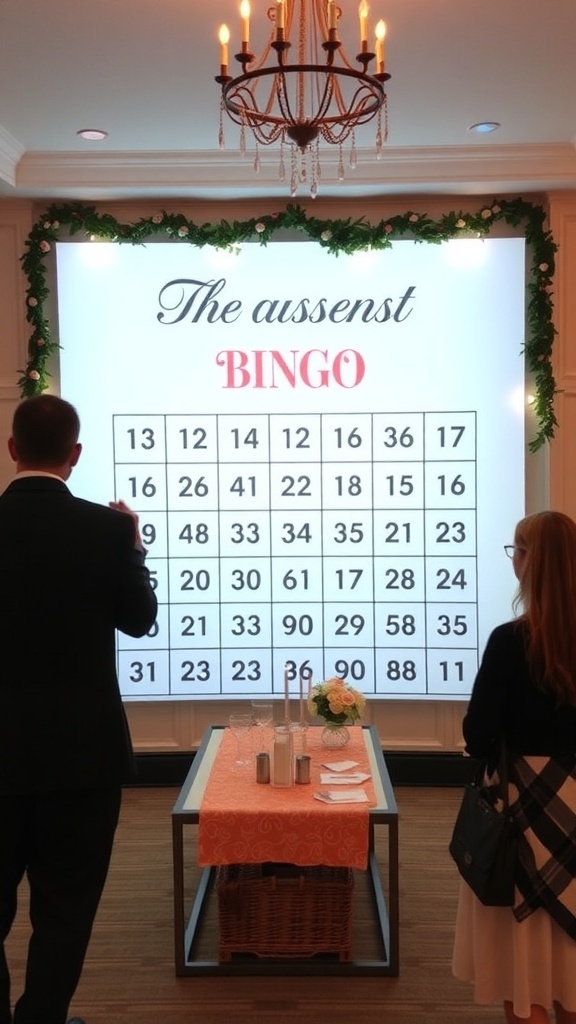A colorful bingo display at a bridal shower with attendees playing the game.