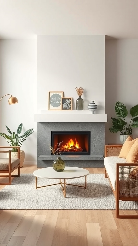 A modern bioethanol fireplace in a stylish living room with minimalist decor.