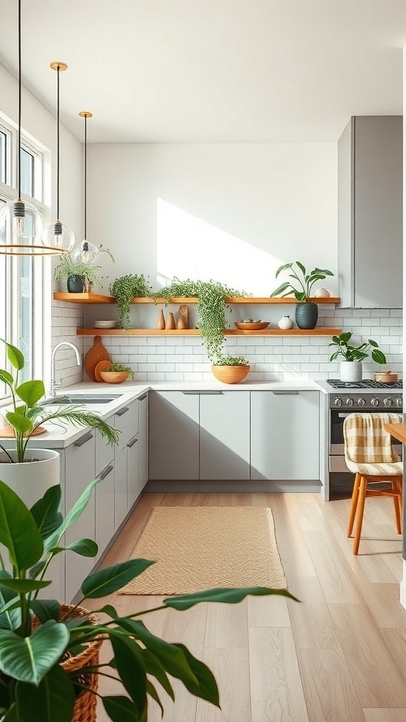 A modern kitchen featuring plants, natural wood accents, and large windows for natural light.