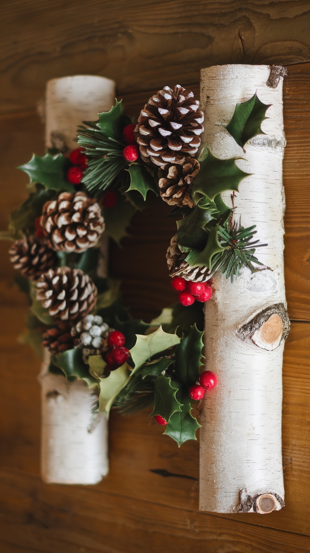 A wreath made of birch bark, pinecones, holly leaves, and red berries.