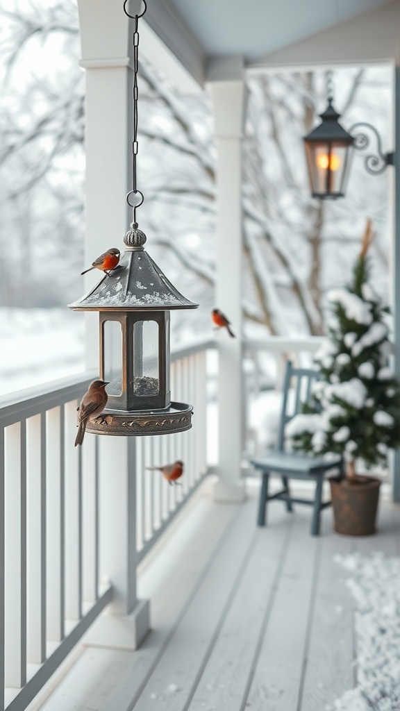 A winter porch with a bird feeder and birds perched on it, surrounded by snow.