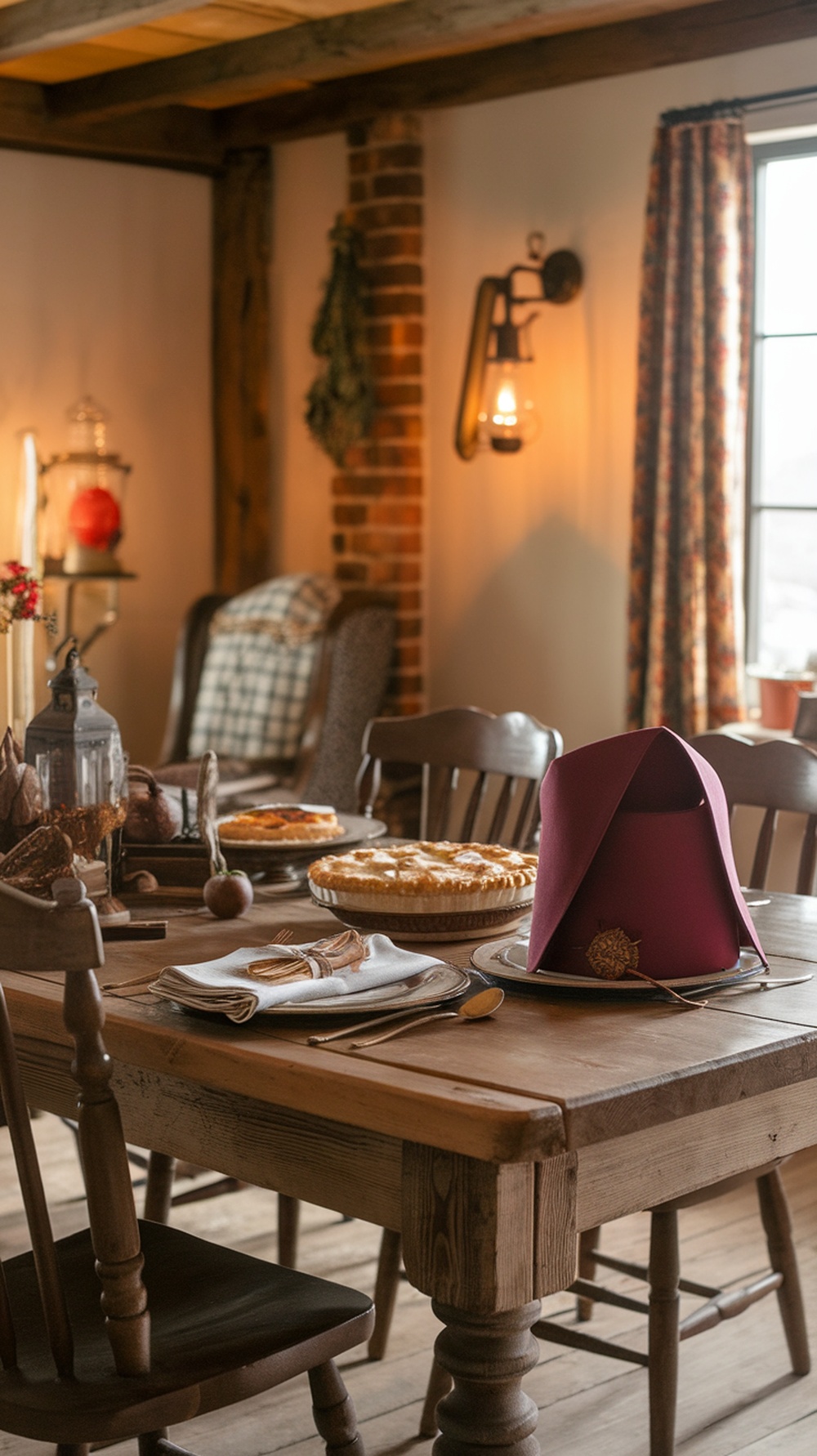 A beautifully set Thanksgiving table featuring a Bishop's Hat napkin fold in burgundy color, surrounded by rustic decor and pies.