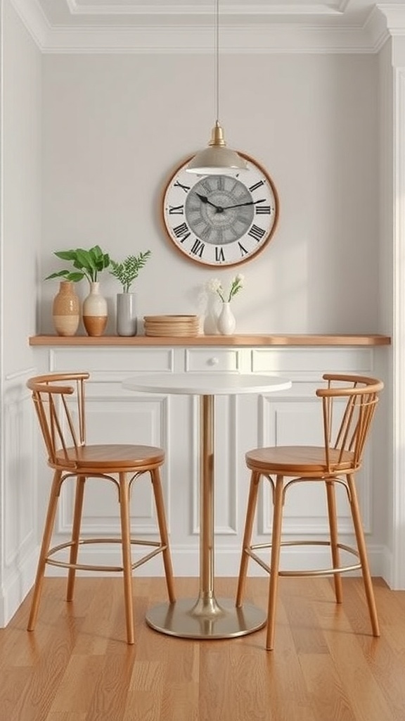 A cozy bistro-style bar table with wooden stools, decorative vases, and a wall clock.
