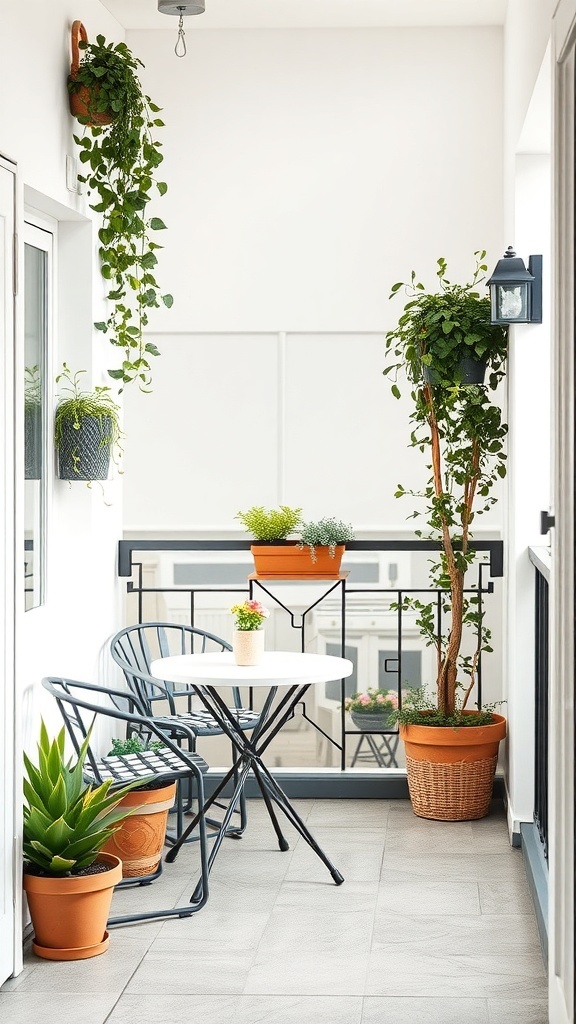 A small balcony with a round table, black chairs, and various potted plants.