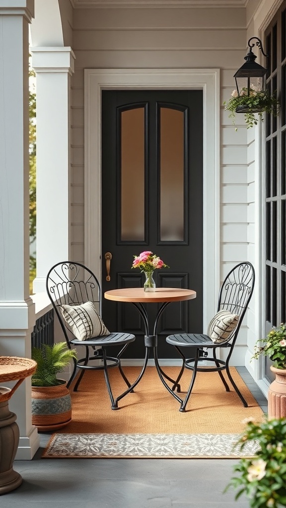 A small porch featuring a round bistro table with two black metal chairs, a vase of flowers on the table, and decorative elements like potted plants and a rug.