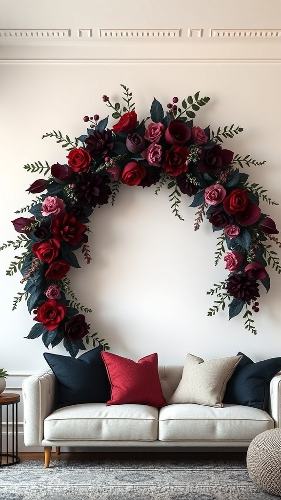 A black and burgundy floral wreath displayed above a sofa, featuring roses and greenery.