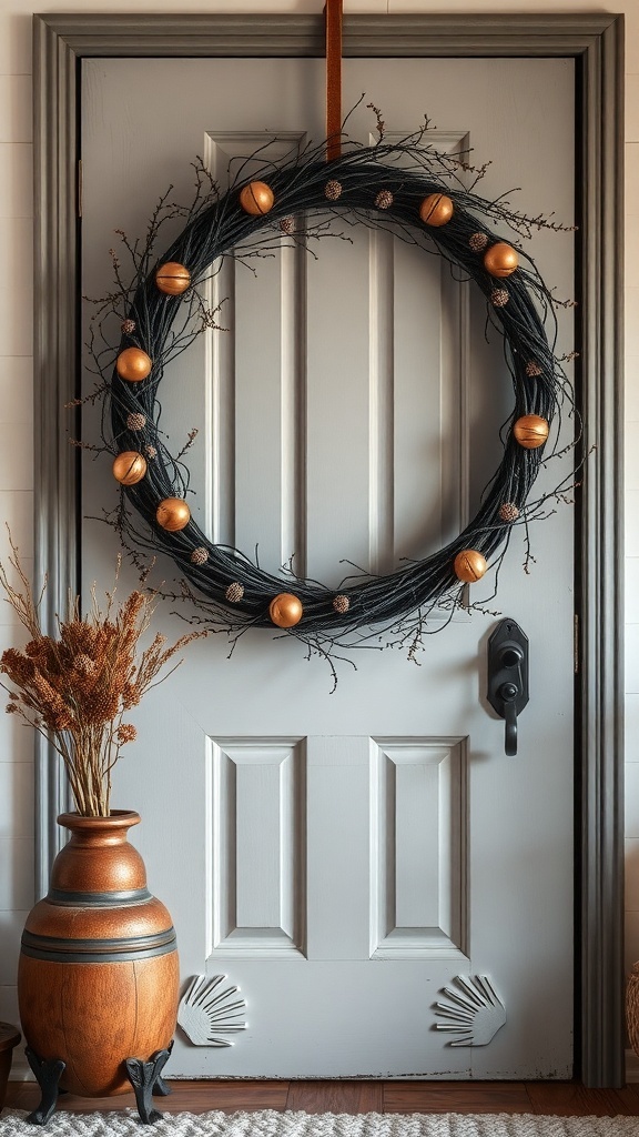 A black and copper rustic wreath hanging on a door, with a vase of dried flowers beside it.