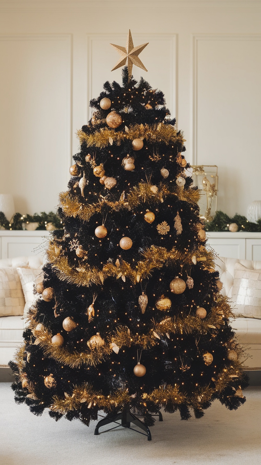 A beautifully decorated black Christmas tree with gold ornaments and a star on top.