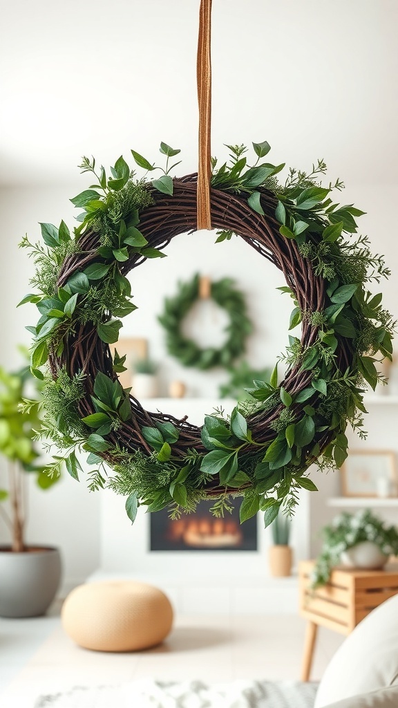 A black wreath adorned with greenery hanging in a bright room
