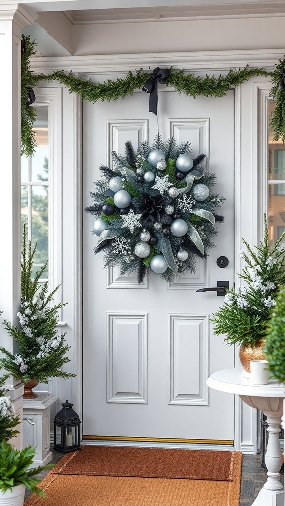 A black and silver holiday wreath on a white door, surrounded by greenery and festive decor.