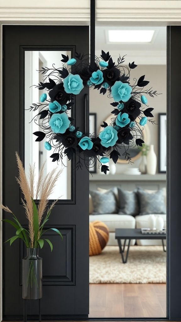 A modern black and teal wreath with roses hanging on a door, showcasing a stylish interior.