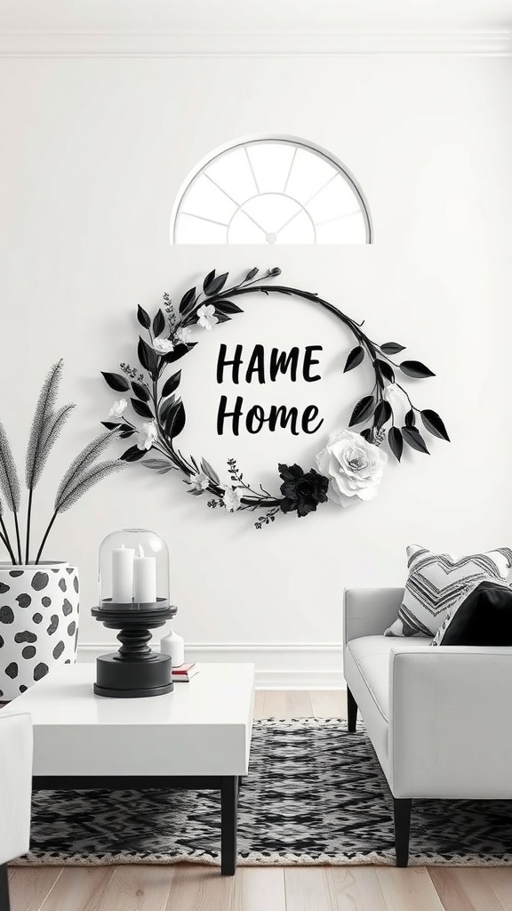 A black and white monochrome wreath featuring black leaves and white flowers with the word 'HOME' in bold letters, displayed on a wall in a stylish living room.