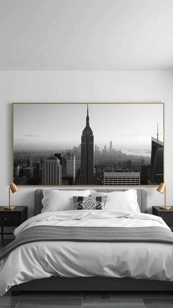 Black and white photograph of a city skyline featuring the Empire State Building