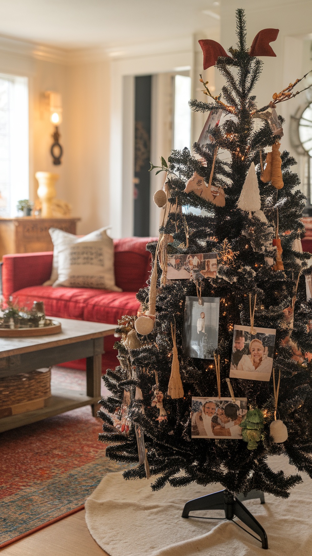 A black Christmas tree decorated with family photos and handmade ornaments in a cozy living room.