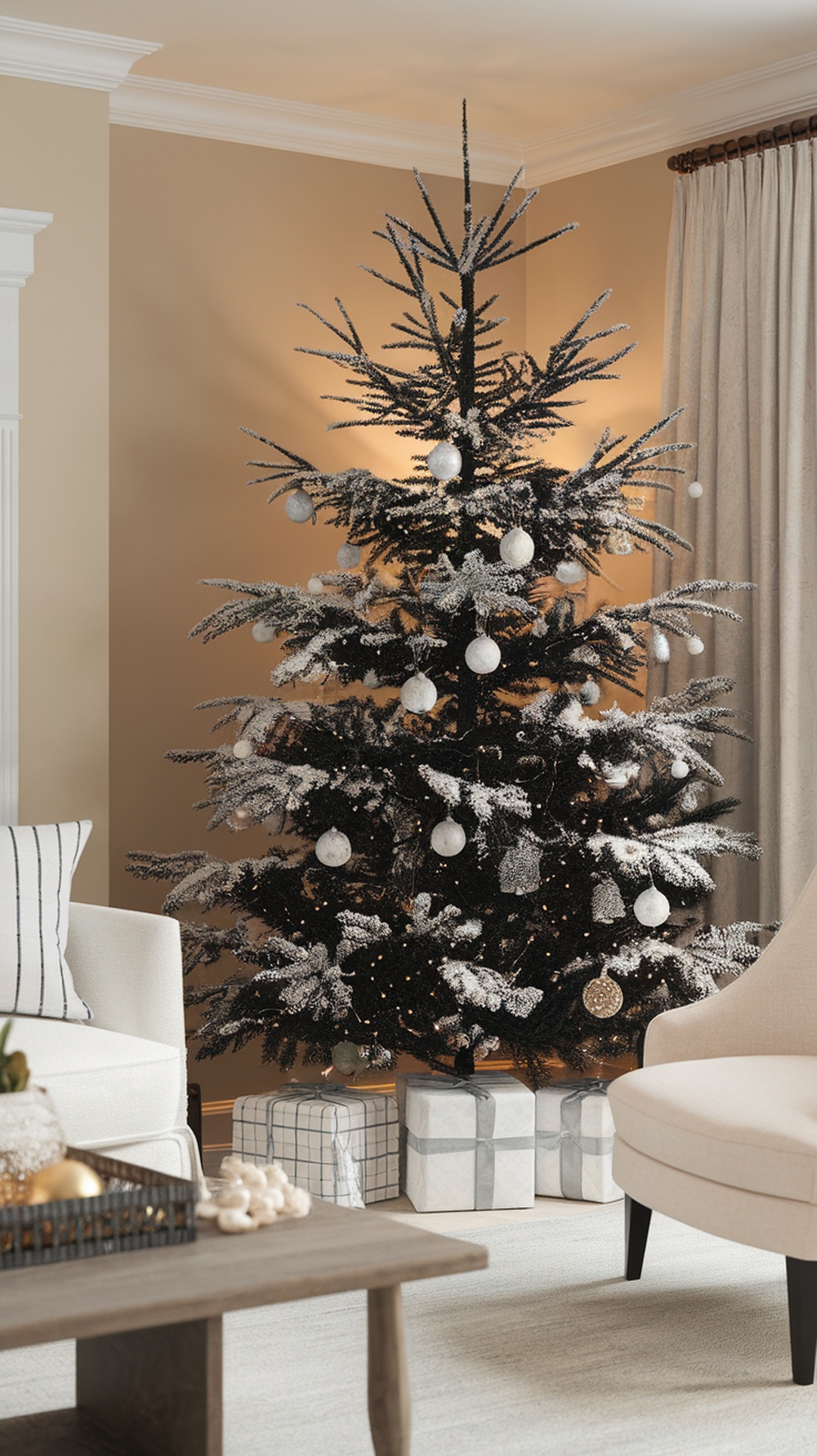 A black Christmas tree with snowy accents, decorated with white ornaments and surrounded by wrapped gifts.