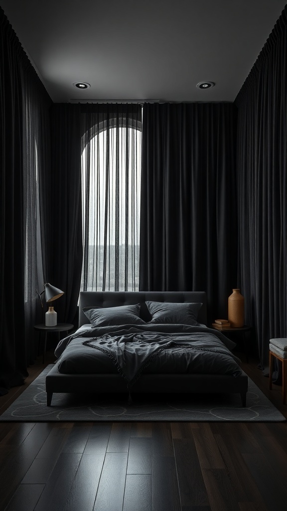 A stylish black bedroom featuring black curtains, a cozy bed, and modern decor.