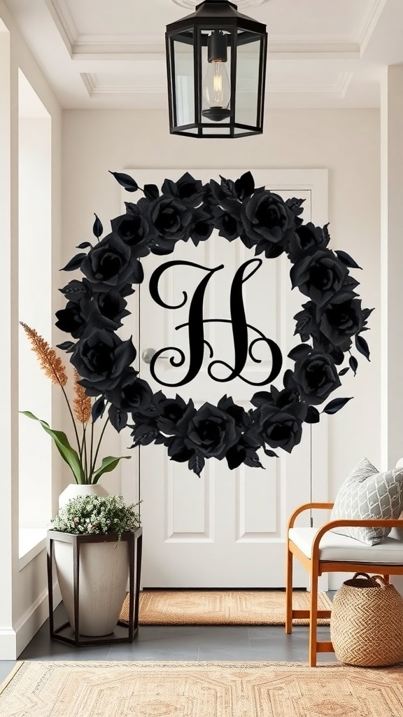 A black floral monogram wreath with dark roses and a personalized initial, displayed on a door.