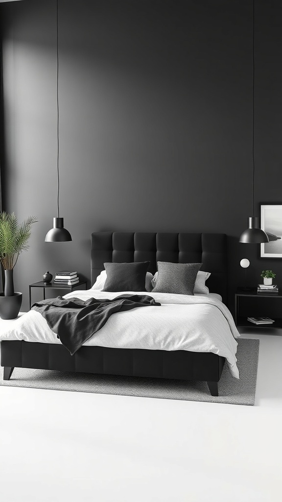 A modern black bedroom featuring a black bed frame, nightstands, and stylish decor.