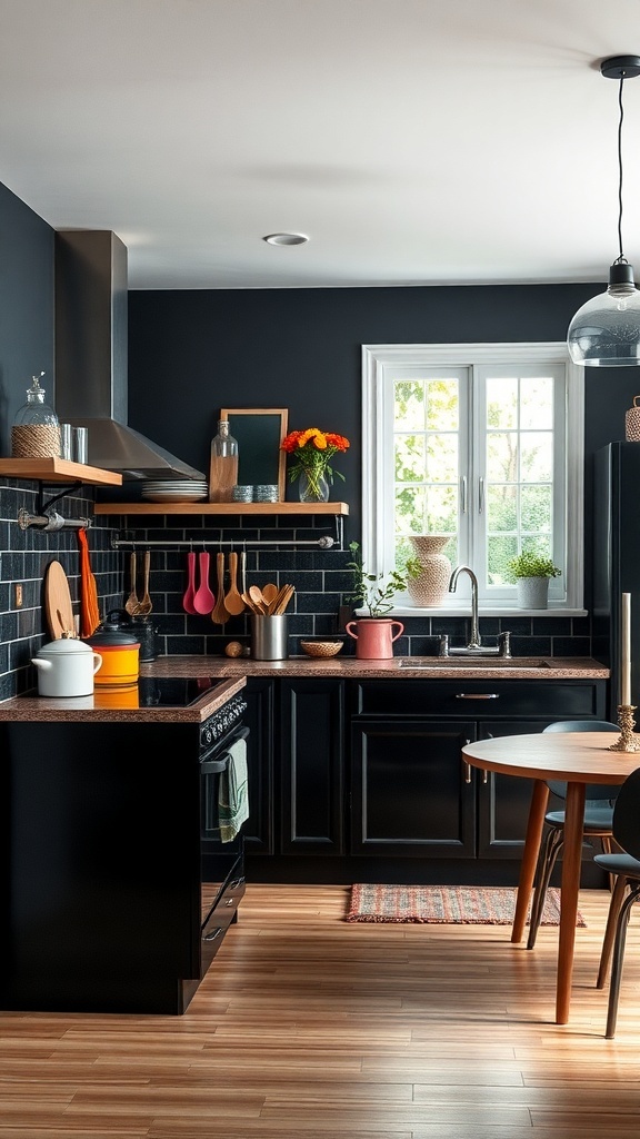 A modern black kitchen featuring colorful utensils and natural light.