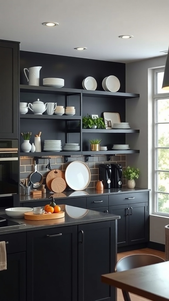 A modern black kitchen featuring open shelving with white dishes and plants, complemented by natural light.