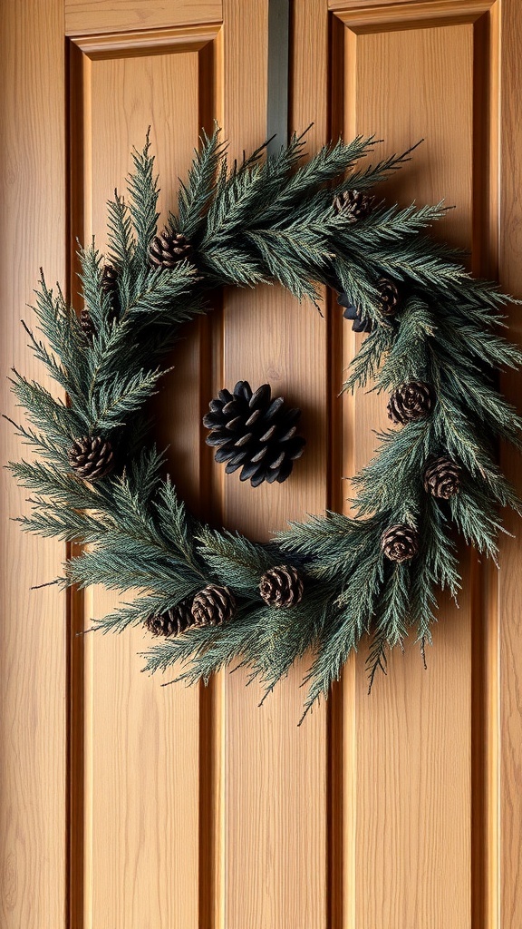 A black pinecone wreath hanging on a wooden door.