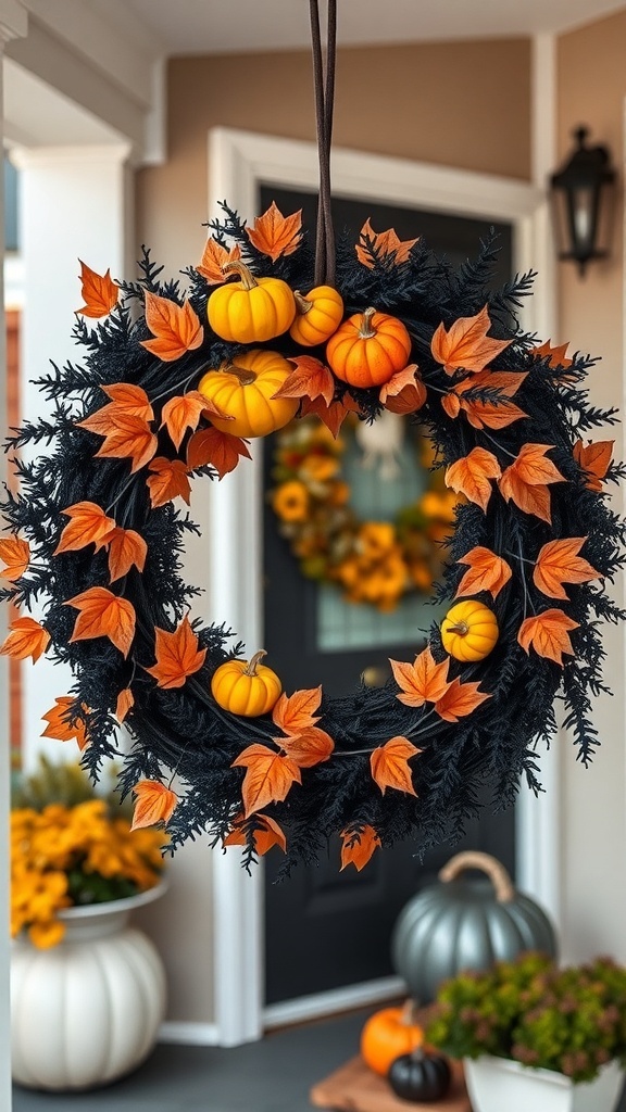 A black wreath adorned with orange and yellow pumpkins and autumn leaves, hanging on a door.
