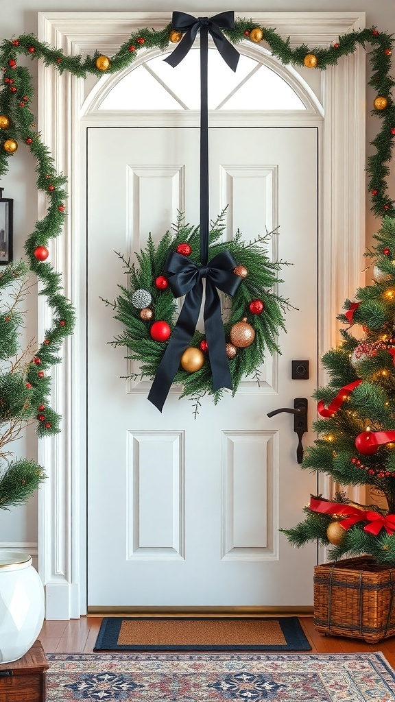 A black ribbon and ornament wreath hanging on a white door, decorated with colorful ornaments and surrounded by garlands.