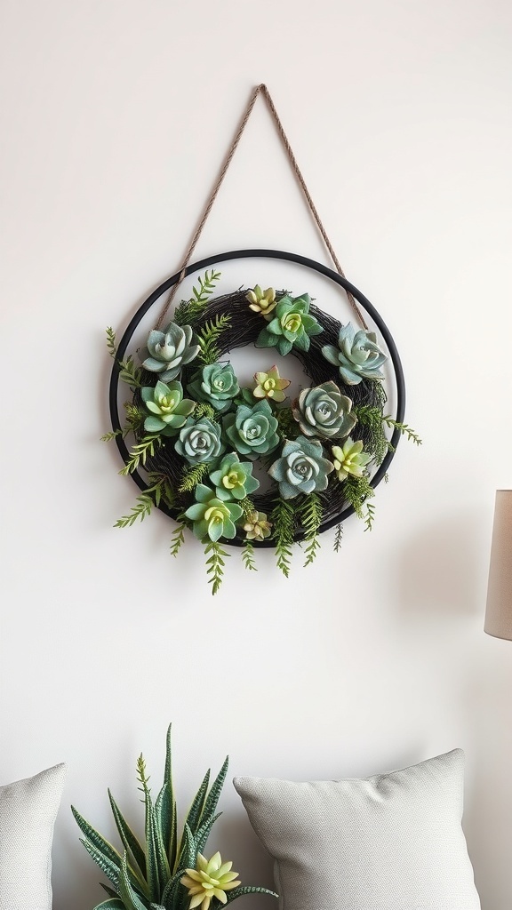 A black succulent wreath featuring various green succulents and ferns, hanging on a wall.