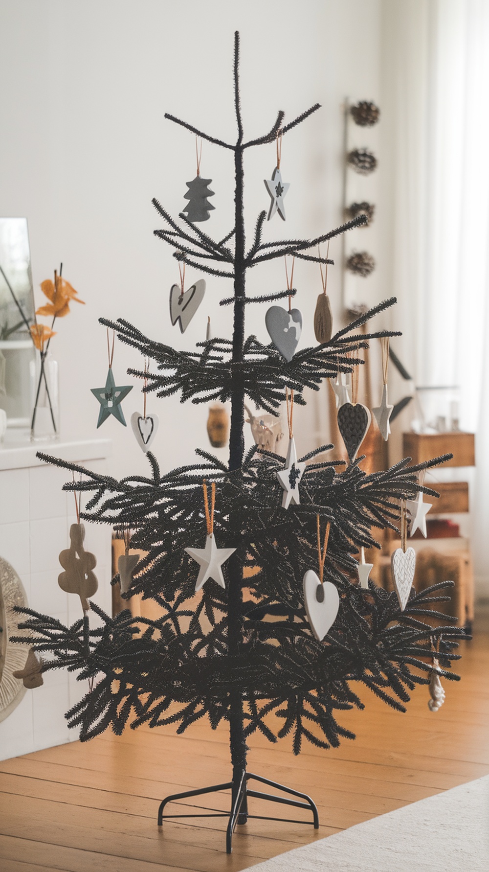 A black Christmas tree decorated with artistic ornaments in various shapes, set in a cozy room.