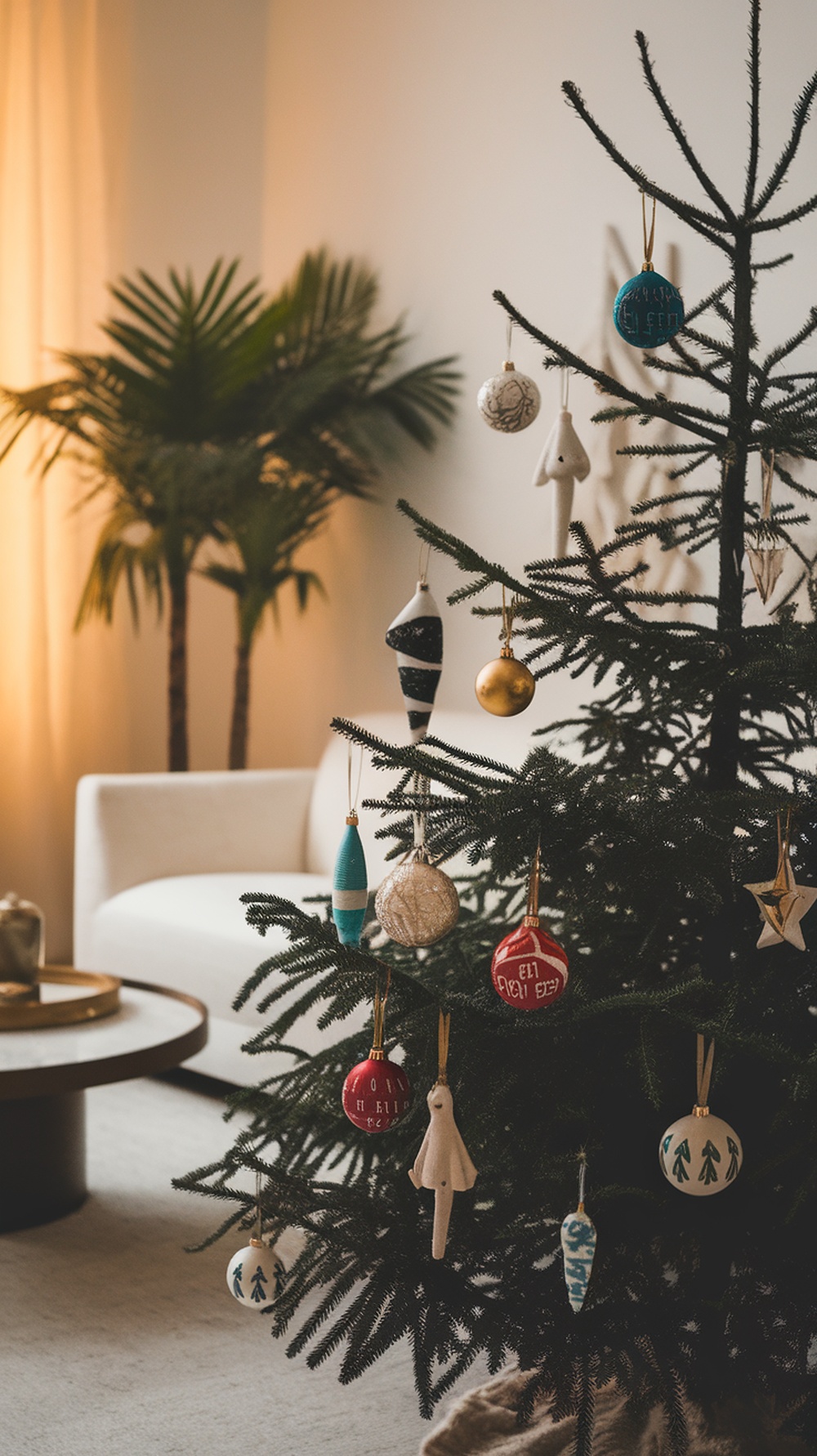 A black Christmas tree decorated with colorful ornaments, set in a cozy living room.