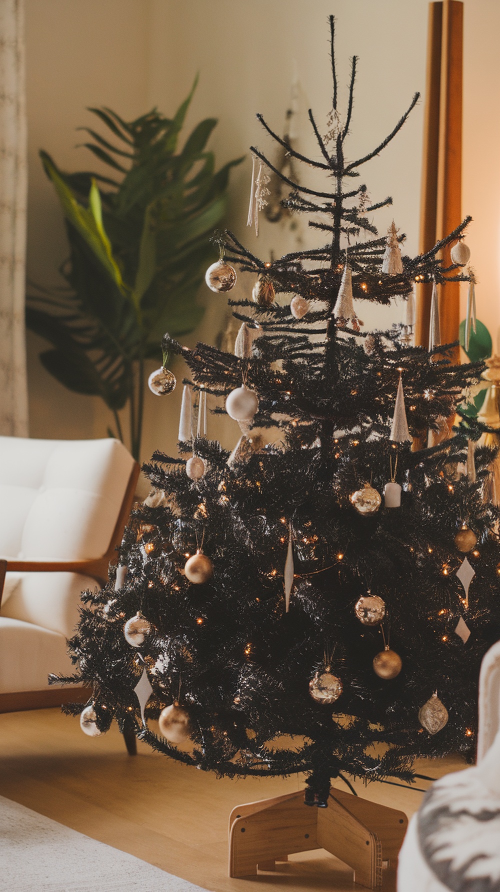 A black Christmas tree decorated with metallic ornaments and lights in a cozy living room.