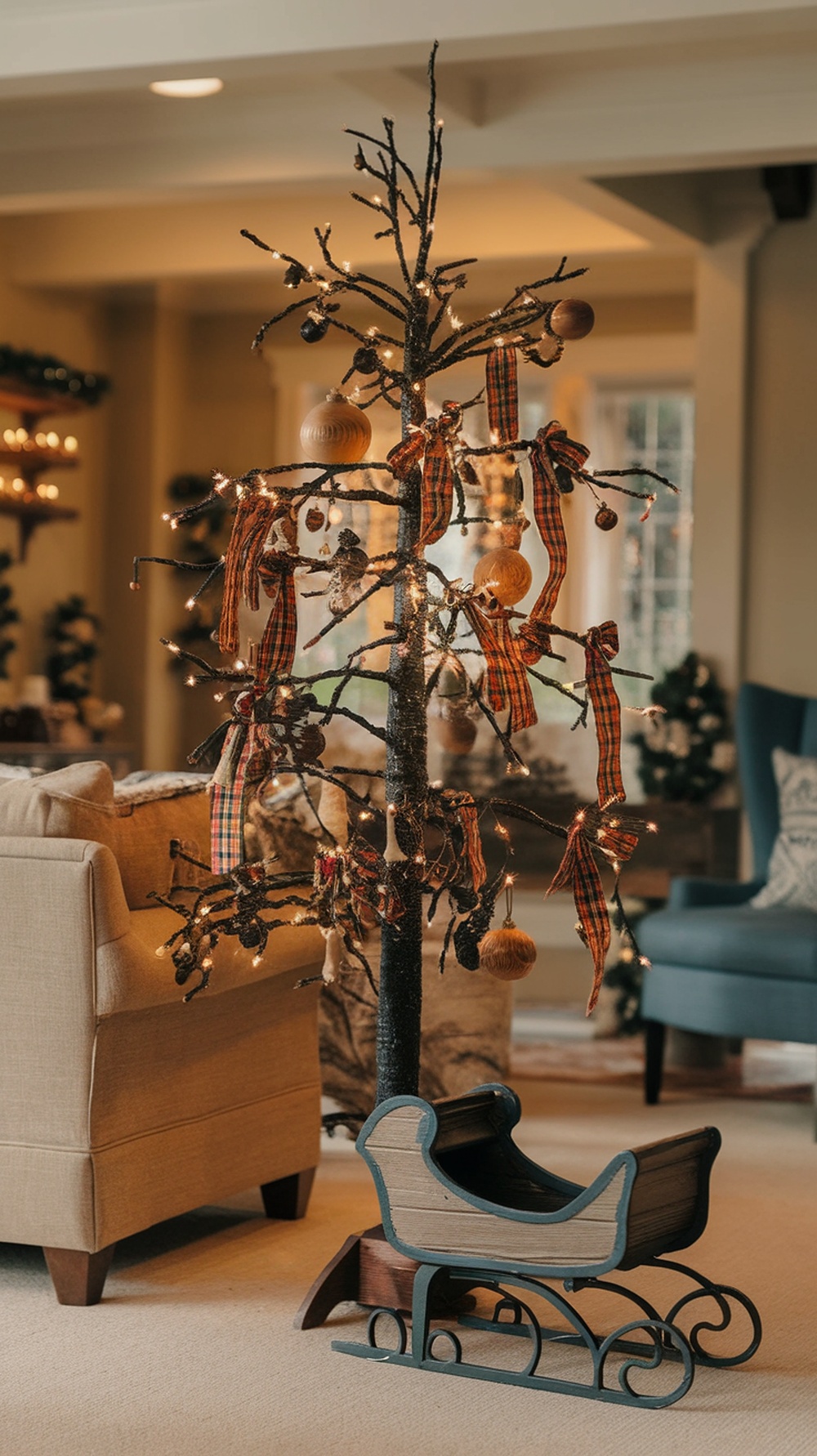 A black Christmas tree with rustic decorations and a vintage sleigh at its base.