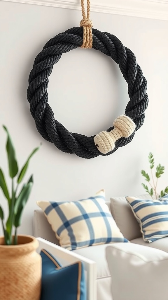 A black twisted rope wreath with a knot detail, hanging on a wall with decorative cushions and plants in the background.