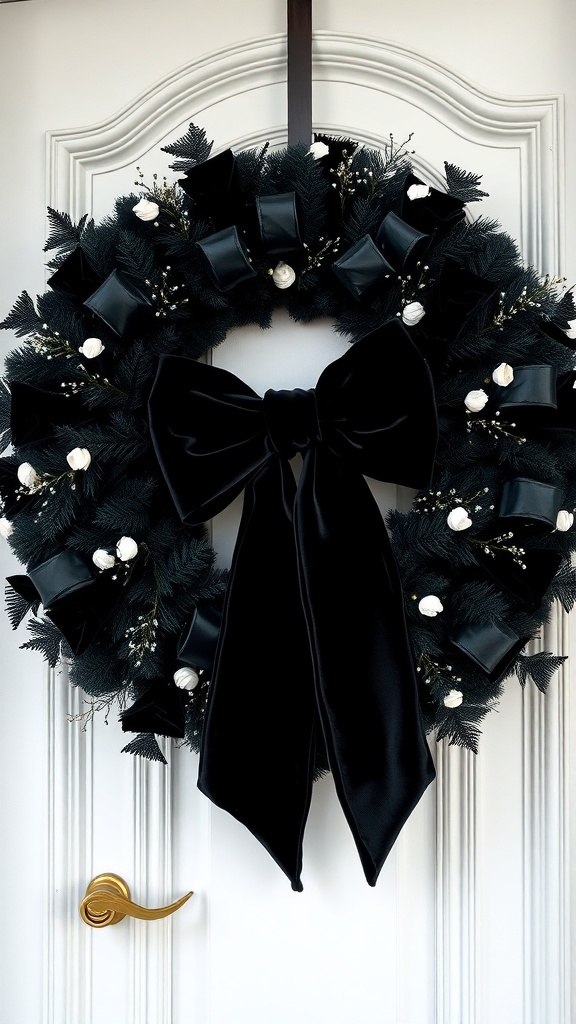 A black wreath with a large velvet bow and white flowers, hanging on a door.