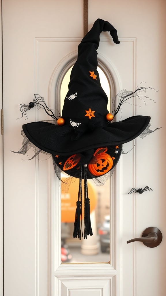 A black witch hat wreath with orange pumpkins and stars, hanging on a door.