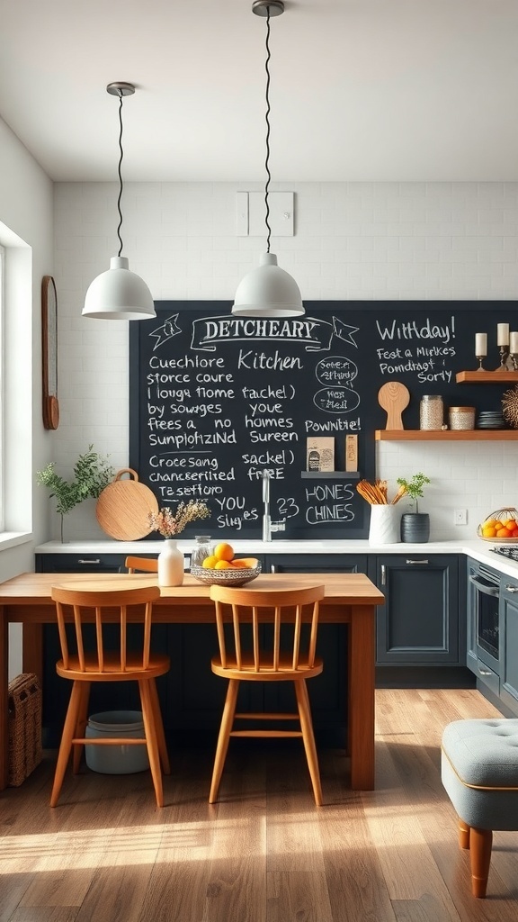 A kitchen with a blackboard wall filled with notes and drawings, featuring a wooden table and chairs.