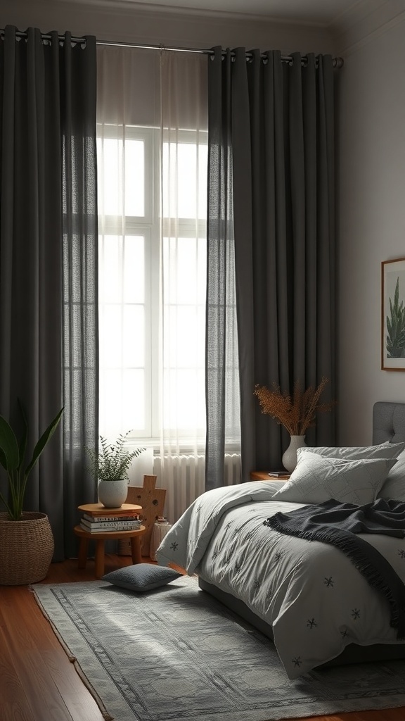 A cozy bedroom featuring dark gray blackout curtains, a comfortable bed, and decorative plants.