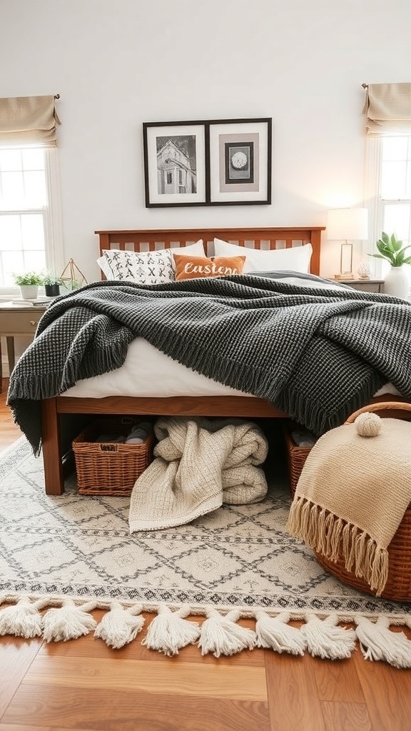 A cozy winter bedroom featuring a neatly made bed with blankets stored in baskets underneath and decorative elements.