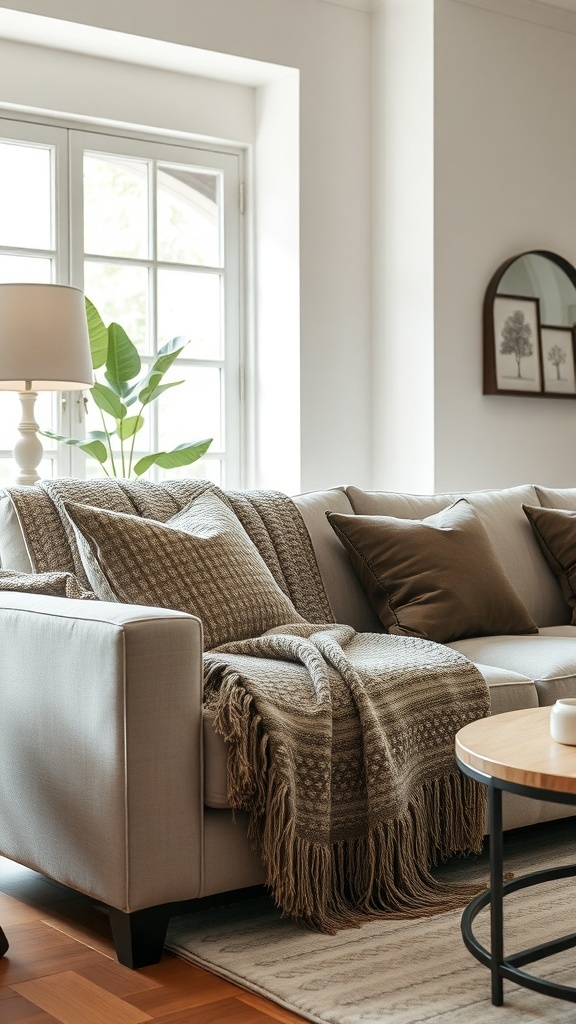 A cozy sofa with a decorative blanket draped over it, surrounded by pillows and natural light.