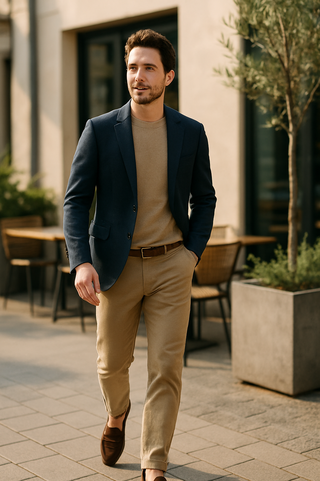 Man in a navy blazer and beige chinos walking outdoors