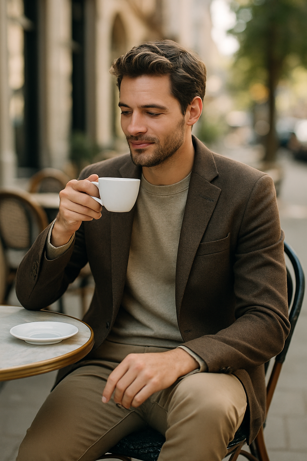 A man sitting at a café, wearing a brown blazer and light chinos, enjoying a cup of coffee.